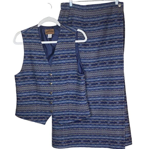 Pendleton Wm’s 2 Piece Blue Tan Skirt Set Sz 12 Wool Aztec Southwestern Cowgirl